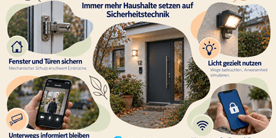 Beitragsbild zur Pressemitteilung. Oben steht der Schriftzug „Sicher in den Herbst“, darunter „Immer mehr Haushalte setzen auf Sicherheitstechnik“. In der Mitte ist ein Hauseingang mit beleuchteter Haustür und smarter Türklingel zu sehen. Drum herum sind vier Bereiche der Sicherheitstechnik dargestellt. Links oben ist eine mechanische Fenstersicherung abgebildet, darunter steht „Fenster und Türen sichern“ und „Mechanischer Schutz erschwert Einbrüche.“ Rechts oben ist eine Außenleuchte mit Bewegungsmelder zu sehen, darunter steht „Licht gezielt nutzen“ und „Wege beleuchten, Anwesenheit simulieren.“ Links unten zeigt ein Smartphone eine Person vor dem Eingang, darunter steht „Unterwegs informiert bleiben“ und „Smarte Geräte informieren über Personen am Eingang oder auf dem Grundstück.“ Rechts unten ist ein Smartphone mit einem Schlosssymbol abgebildet, darunter steht „Vernetzte Geräte schützen“ und „Zugänge und persönliche Daten absichern.“ Die Grafik hat einen hellen pastellbeigen Hintergrund mit grünen und pfirsichfarbenen Akzenten sowie dekorativen Blättern. Unten in der Mitte befindet sich das Vergleich.org-Logo.