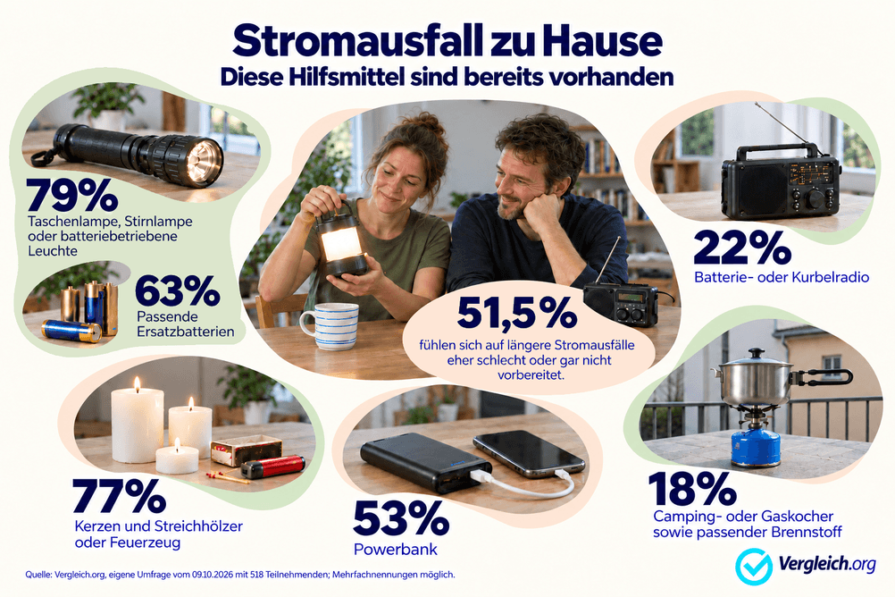 Beitragsbild zur Pressemitteilung. Oben steht „Stromausfall zu Hause“, darunter „Diese Hilfsmittel sind bereits vorhanden“. In der Mitte sitzt ein Paar an einem Tisch und betrachtet eine leuchtende Campinglampe. Davor steht auf einer apricotfarbenen Fläche „51,5 % fühlen sich auf längere Stromausfälle eher schlecht oder gar nicht vorbereitet“. Drum herum sind Ergebnisse einer Vergleich.org-Umfrage zur vorhandenen Ausstattung dargestellt. Links oben ist eine Taschenlampe abgebildet, darunter steht „79 % Taschenlampe, Stirnlampe oder batteriebetriebene Leuchte“. Direkt darunter sind Batterien mit der Angabe „63 % Passende Ersatzbatterien“ zu sehen. Beide Angaben stehen auf einer durchgängigen salbeigrünen Fläche. Links unten stehen brennende Kerzen neben Streichhölzern und einem Feuerzeug, darunter „77 % Kerzen und Streichhölzer oder Feuerzeug“. Rechts oben ist ein tragbares Radio abgebildet, darunter „22 % Batterie- oder Kurbelradio“. Unten in der Mitte zeigt ein Foto eine Powerbank, die mit einem Smartphone verbunden ist, darunter steht „53 % Powerbank“. Rechts unten ist ein Campingkocher mit einem Topf auf einer Terrasse zu sehen, darunter „18 % Camping- oder Gaskocher sowie passender Brennstoff“. Die Grafik hat einen hellen cremefarbenen Hintergrund mit pastelligen Akzenten in Salbeigrün und Apricot sowie dunkelblauer Schrift. Unten links steht die Quellenangabe zur Vergleich.org-Umfrage vom 09.10.2026 mit 518 Teilnehmenden und dem Hinweis „Mehrfachnennungen möglich“. Unten rechts befindet sich das Vergleich.org-Logo.