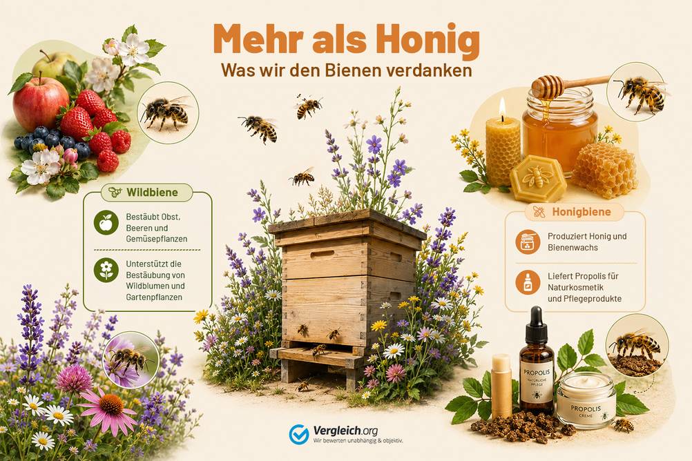 Beitragsbild zur Pressemitteilung. In der Mitte ist ein Bienenstock inmitten von Wildblumen abgebildet. Links davon sind oben ist eine Kollage von Früchten abgebildet. Unten links ist eine Wildblumenwiese abgebildet. Der Bereich zeigt den Wirkungsbereich von Wildbienen. Rechts oben ist eine Kollage eine von Honig und Honigprodukten zu sehen. Unten rechts ist eine Kollage von Propolisprodukten. Die Überschrift lautet