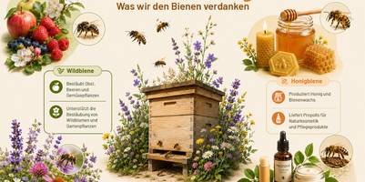 Beitragsbild zur Pressemitteilung. In der Mitte ist ein Bienenstock inmitten von Wildblumen abgebildet. Links davon sind oben ist eine Kollage von Früchten abgebildet. Unten links ist eine Wildblumenwiese abgebildet. Der Bereich zeigt den Wirkungsbereich von Wildbienen. Rechts oben ist eine Kollage eine von Honig und Honigprodukten zu sehen. Unten rechts ist eine Kollage von Propolisprodukten. Die Überschrift lautet "Mehr als Honig. Was wir den Bienen verdanken"