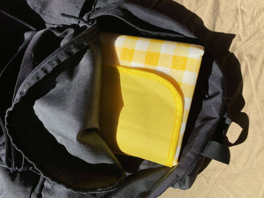 Eine zusammengefaltete gelb-weiß-karierte Picknickdecke im Test befindet sich in einem schwarzen Rucksack.