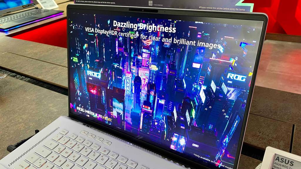 Nahaufnahme eines silberfarbenen Test-Gaming-Laptops der Marke Asus, die den Blick auf einen Bildschirm mit detailgetreuen Farben erlaubt.