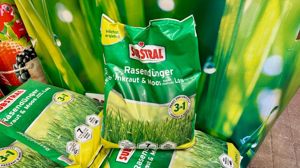 Der getestete Substral-Rasendünger in der 7,2-kg-Kunststofftüte steht auf mehreren Verpackungen mit Rasendünger.