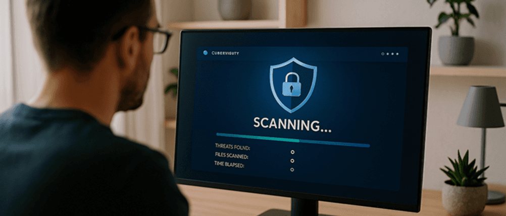 Virenscanner im Test: Jemand sitzt vor einem PC-Bildschirm, während ein Virenscan läuft.