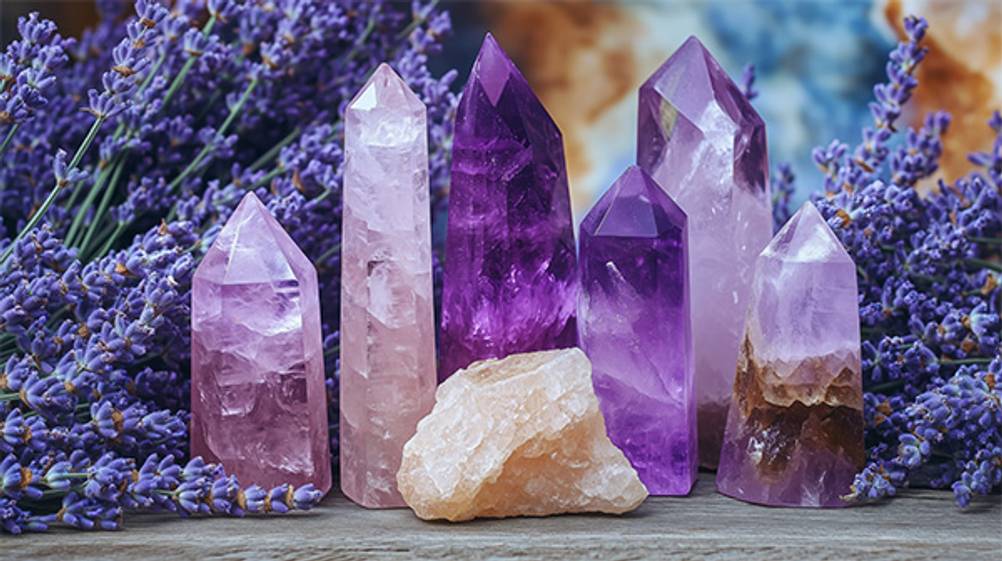 Vitajuwel-Test: Amethyste und Rosenquarz vor einem Hintergrund aus Lavendelblüten.