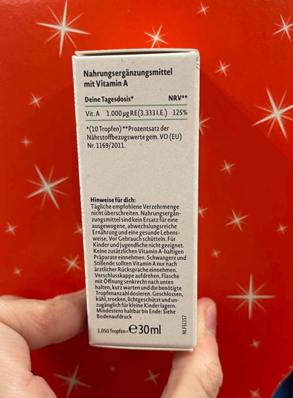 Auf der Packungsseite von getestetem Vitamin A stehen Hinweise zum Produkt.