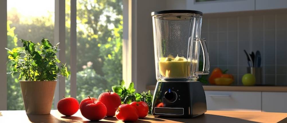 Vitamix-Mixer im Test: Ein schwarzer Standmixer steht in einer Küche auf einer Holzfläche und ist umgeben von Gemüse.