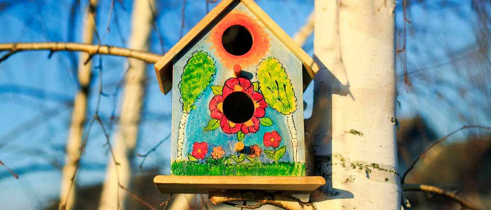Vogelhaus-groß-Test: Ein buntes Vogelhaus an einem Baum.