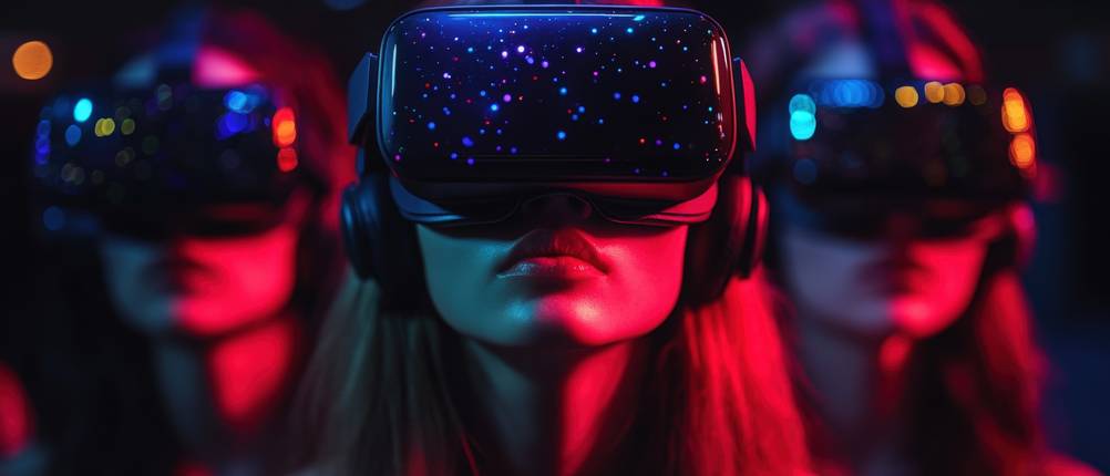 VR-Brillen-Test: Eine Frau trägt eine VR-Brille und schaut nach oben. Im Hintergrund sieht man zwei weitere Frauen mit VR-Brille. 