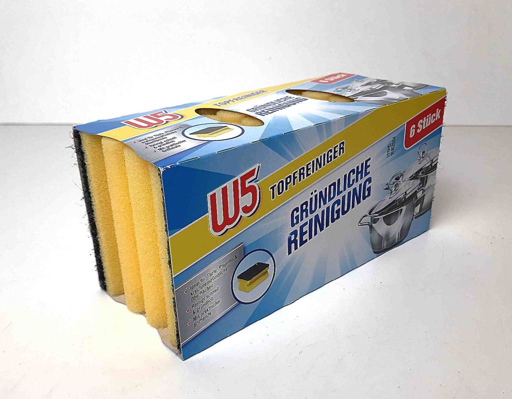 Gelbe getestete Spülschwämme mit schwarzer Abrasionsschicht befinden sich in der 6-Stück-Verpackung vor einem weißen Hintergrund.