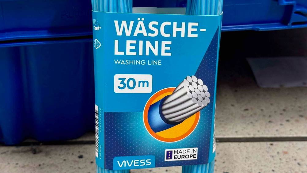 Wäscheleine getestet: Nahaufnahme des Labels mit Logo und Artikelbezeichung.