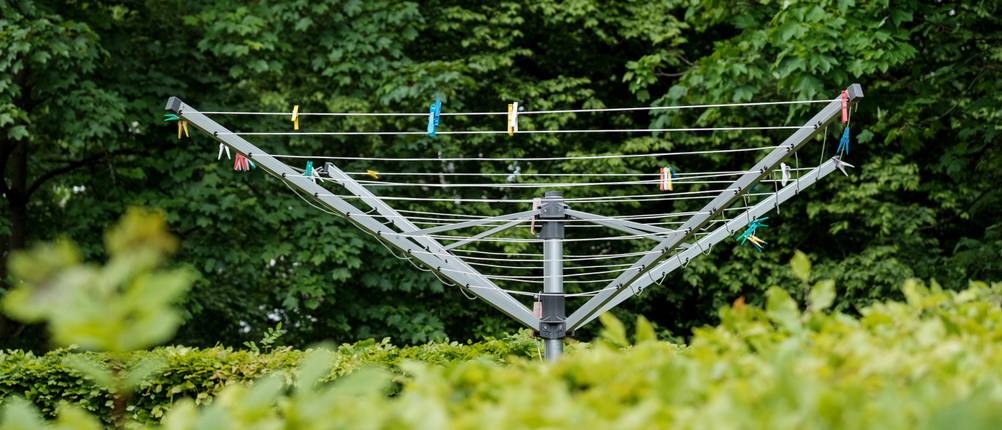 Der obere Bereich einer Wäschespinne ist über einer Gartenhecke zu sehen