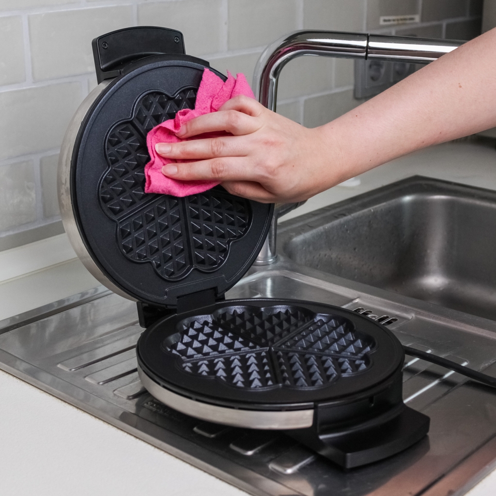 Eine Person reinigt ein getestetes Waffeleisen.