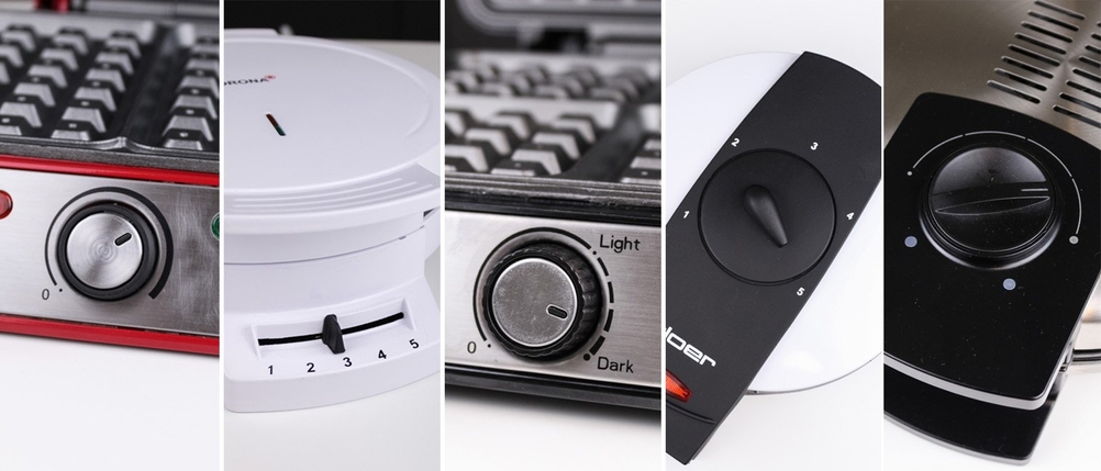 Waffeleisen-Test: Die Bedienelemente mehrerer Waffeleisen.