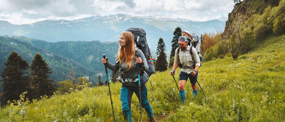 Wanderhosen Damen-Test: Ein paar läuft auf einer Wiese in den Bergen