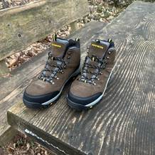 Der Skechers Relment Pelmo Wanderschuh steht auf einer Holzbank im Wald. Beide Schuhe sind von vorne sichtbar.