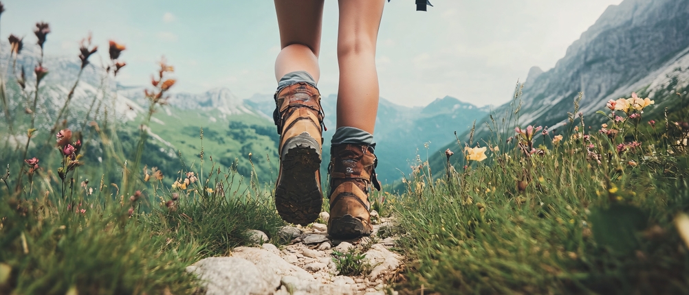 Eine Person mit Wanderschuhen läuft über einen schmalen, steinigen Bergpfad. Die Vegetation besteht aus Gras und Wildblumen.
