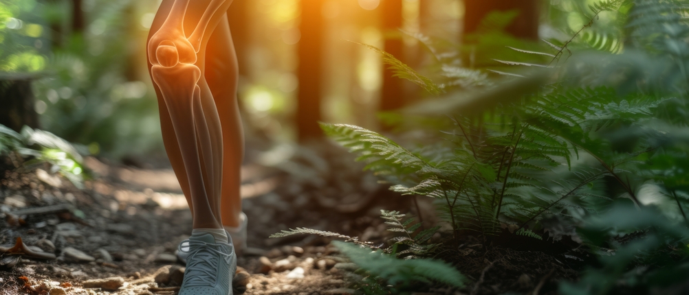 Ein Wanderer mit sportlichen Schuhen steht im Wald, das Knie ist grafisch hervorgehoben. Die Szene ist in warmes Licht getaucht.