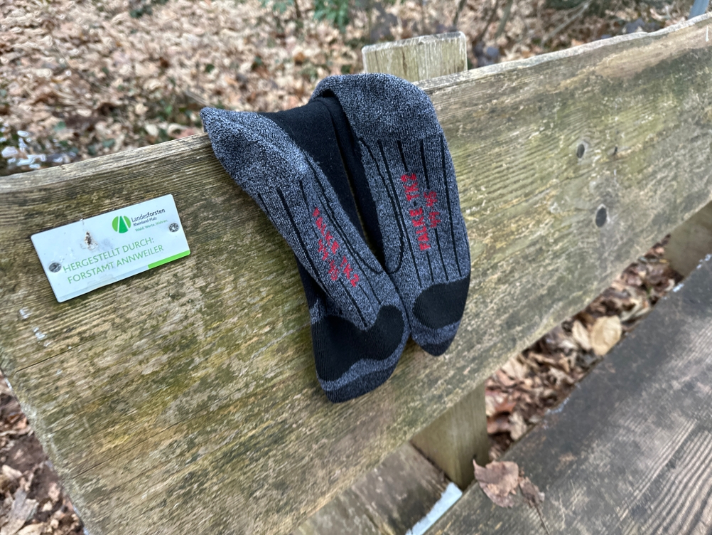 Ein Paar Falke TK2 Wandersocken liegt auf einer Holzbank im Wald. Die Socken zeigen Gebrauchsspuren nach einer Wanderung.