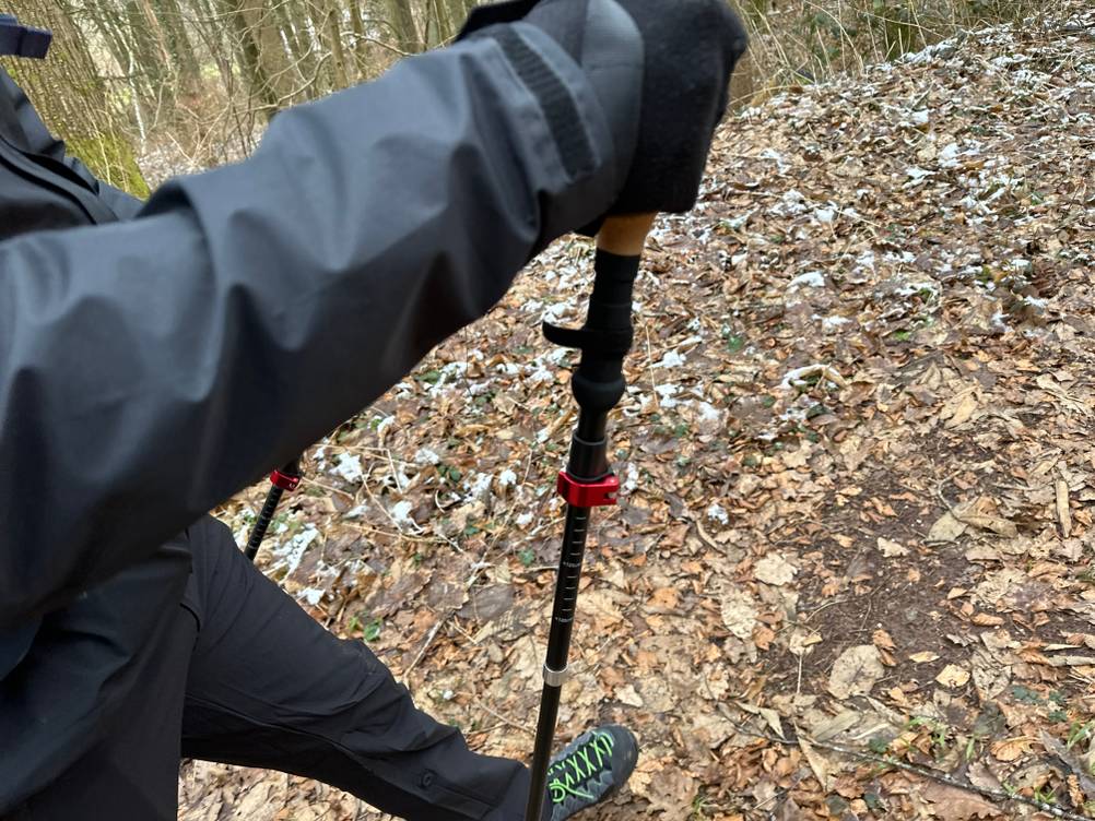 Ein Wanderer setzt einen Alpin Loacker Wanderstock auf einem Laubweg ein. Die Längenmarkierung und der Griffbereich sind erkennbar.