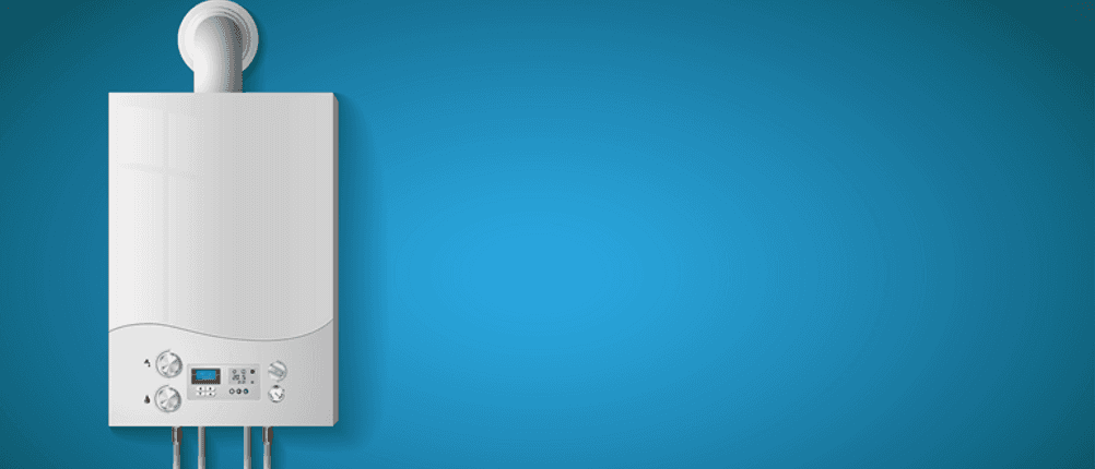 Warmwasserspeicher mit 5 Litern im Test: Ein Warmwasserspeicher mit 5 Litern hängt an einer blauen Wand.