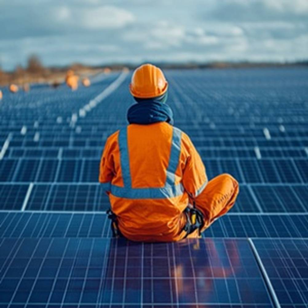 Warnjacke im Test: Person sitzt auf PV-Anlage mit orangener Warnjacke