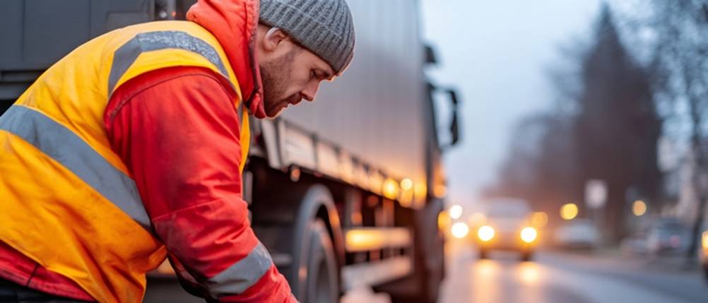 Warnjacke im Test: LKW-Fahrer mit Warrnjacke und Warnweste steht neben dem Fahrzeug.