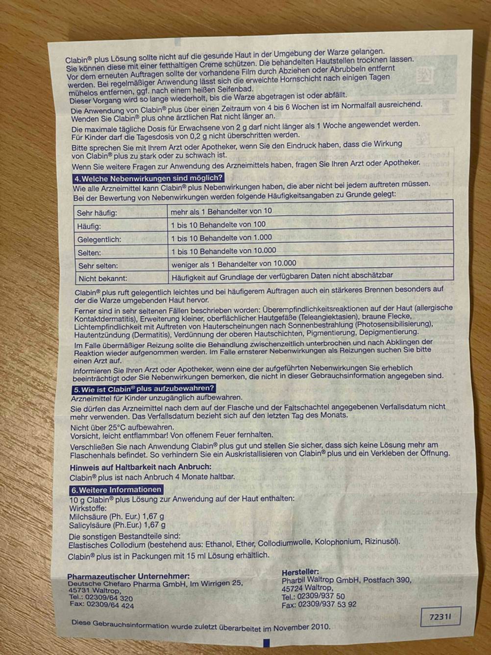 Warzenmittel getestet: Nahaufnahme des Beipackzettels.