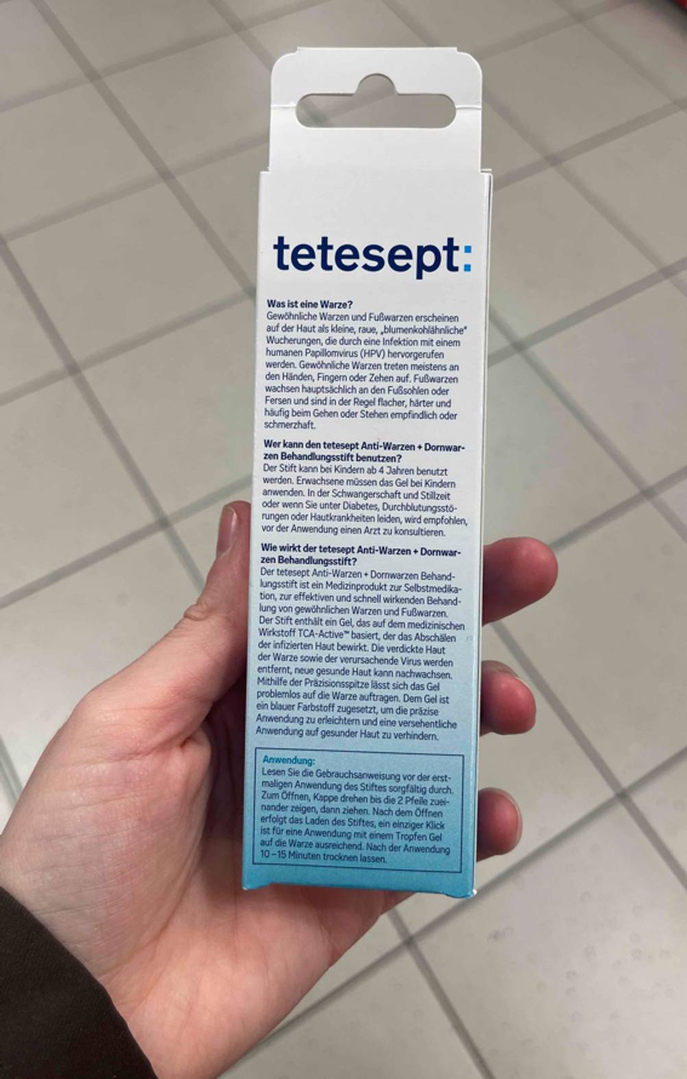 Detailansicht der Produktbeschreibung auf der Verpackung des getesteten Warzenstiftes.