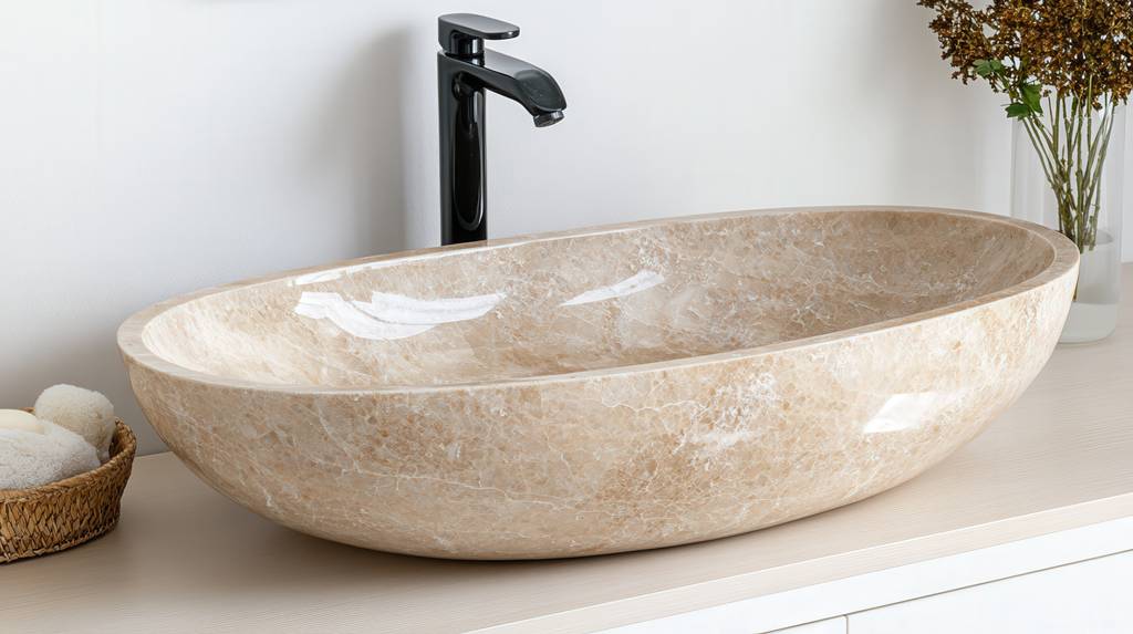 Waschbeckenstöpsel im Test: Ein Aufsatzwaschbecken aus beigem, marmoriertem Naturstein mit schwarzer Armatur und Deko auf dem Waschtisch.