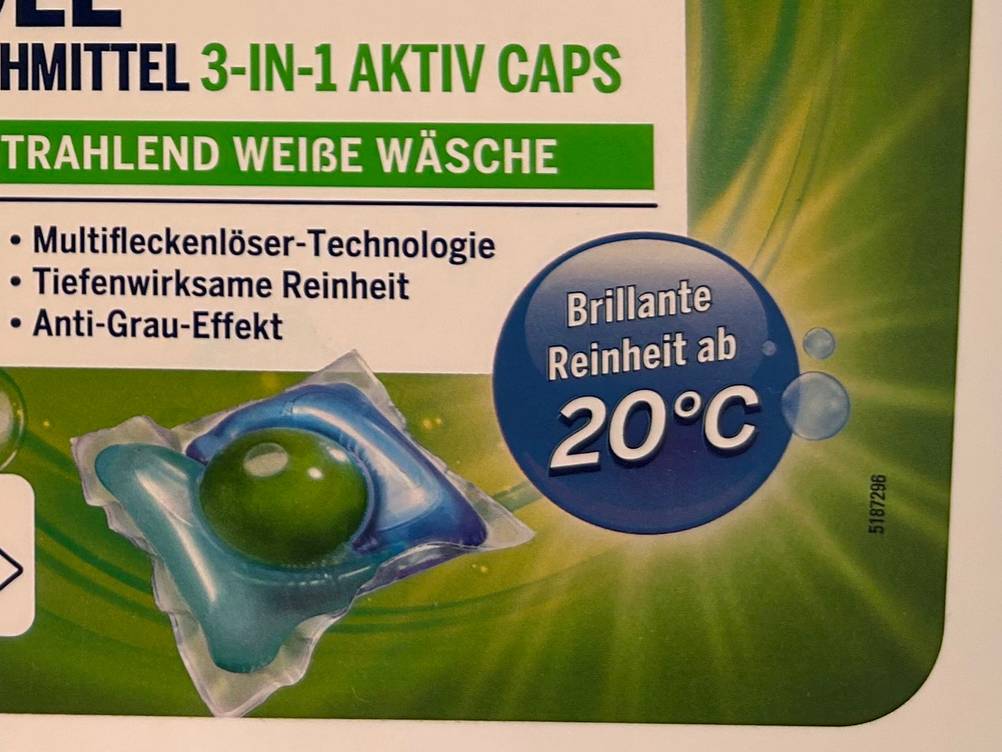 Waschmittel-Pods getestet: Nahaufnahme der Infografik auf der Vorderseite der Packung.