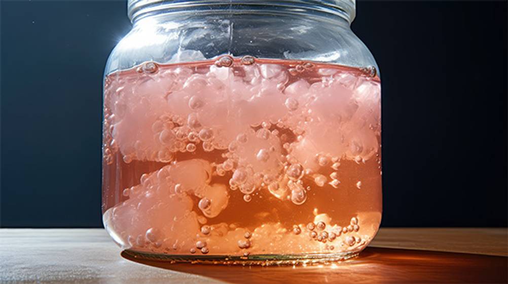 Wasserkefir im Test: Kefirkristalle mit rosa Färbung in einem Glas.