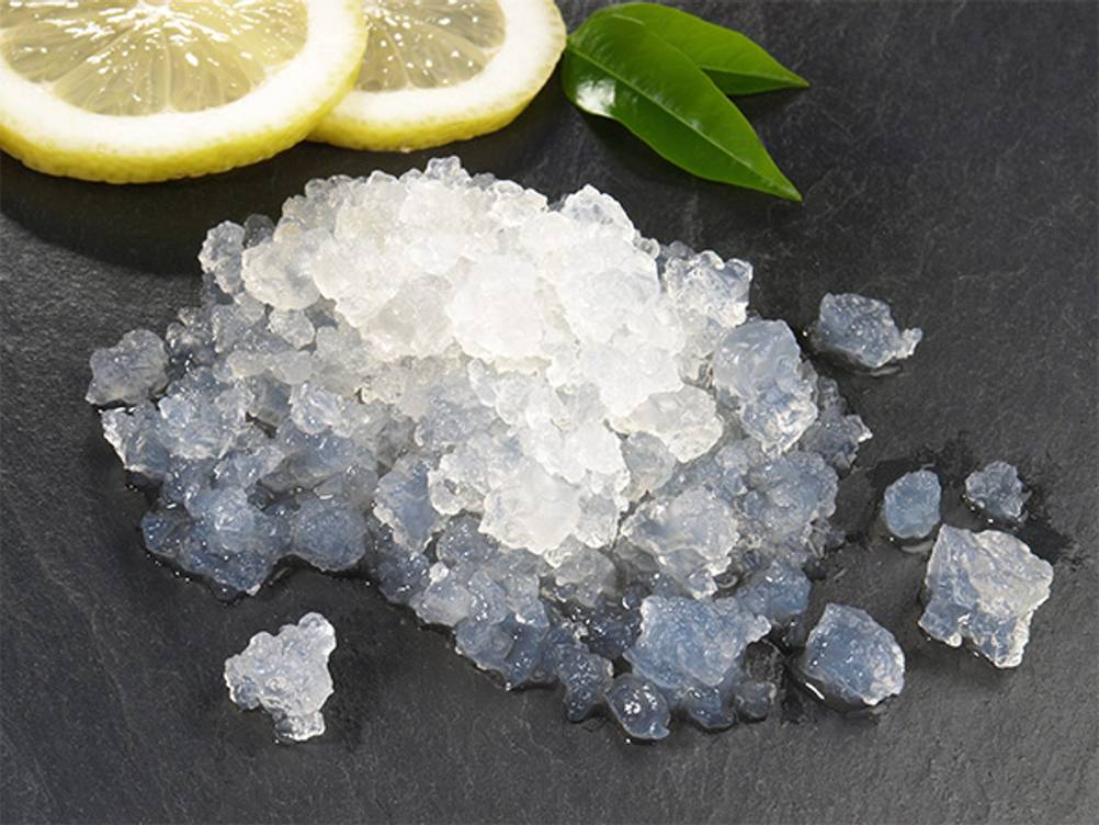 Wasserkefir im Test: Wasserkefir-Kristalle auf einer Schieferplatte mit Zitrone.
