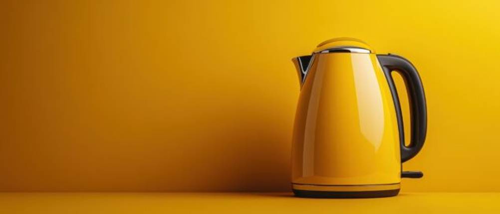 Bestron-Wasserkocher im Test: Gelber Wasserkocher vor gelber Wand