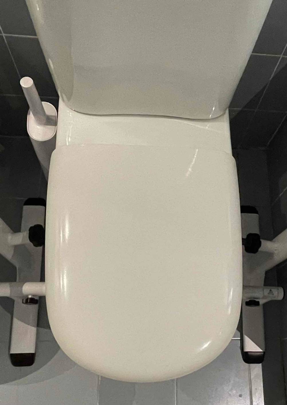 WC-Aufstehhilfe getestet: Ein Toilettensitz von oben mit Fokus auf die Ständer der WC-Aufstehhilfe.