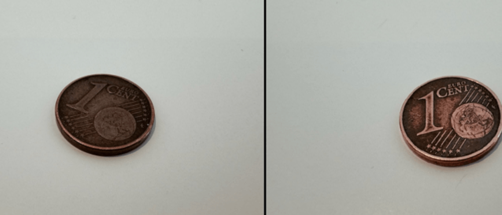 Münze vor und Münze nach der Behandlung mit Reiniger