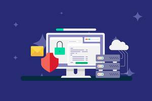 Ein Computerbildschirm als Vektorgrafik mit verschiedenen Symbolen, die für Sicherheit stehen.