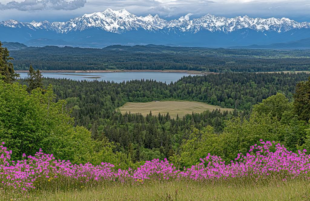 Weidenröschen-tee-test: Wilde Weidenröschen und Berg- und Seepanorama.