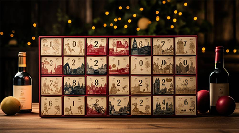 Wein-Adventskalender im Test: Ein Wein-Adventskalender mit Schubladen in denen die Weinflaschen liegen.