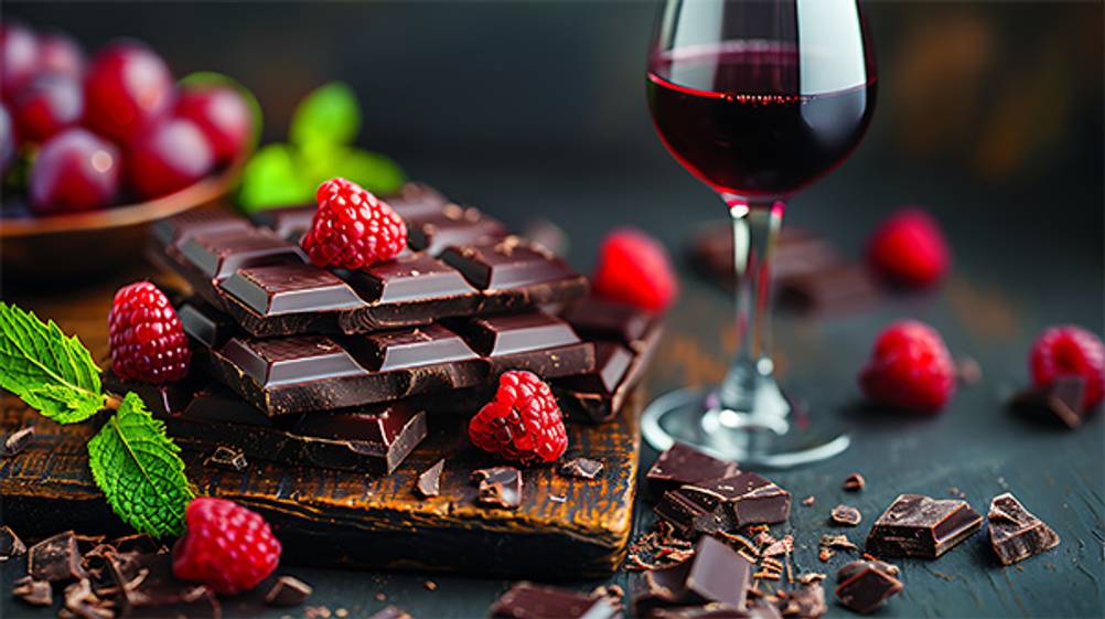 Wein-Adventskalender im Test: Eine Tafel Schokolade mit Obst und einem Glas Rotwein.