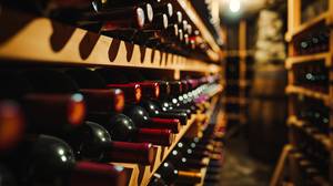 Seiten zum Wein kaufen im Test: In einem Weinregal werden mehrere Flaschen Wein gelagert.
