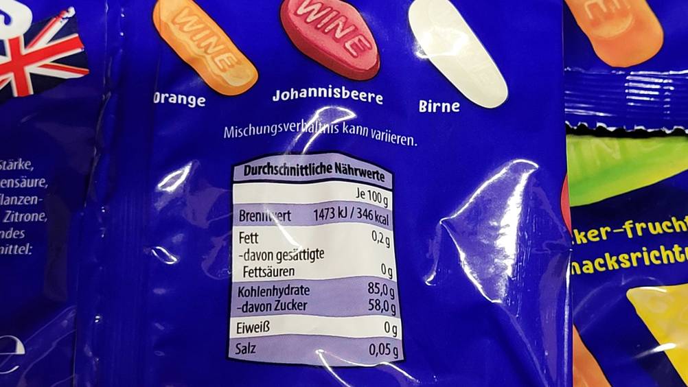 Weingummi im Test: Nahaufnahme der Nährwerte.