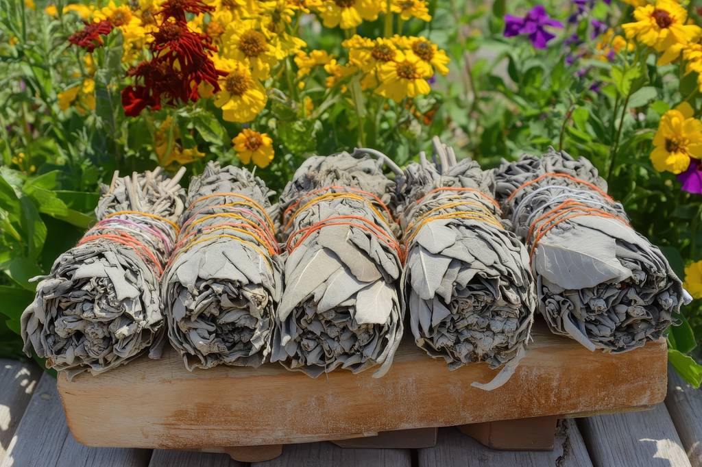 Weisser-Salbei-Test: Auf einem Holzbrett vor Blumen liegen fünf Salbei-Räucherbündel. 
