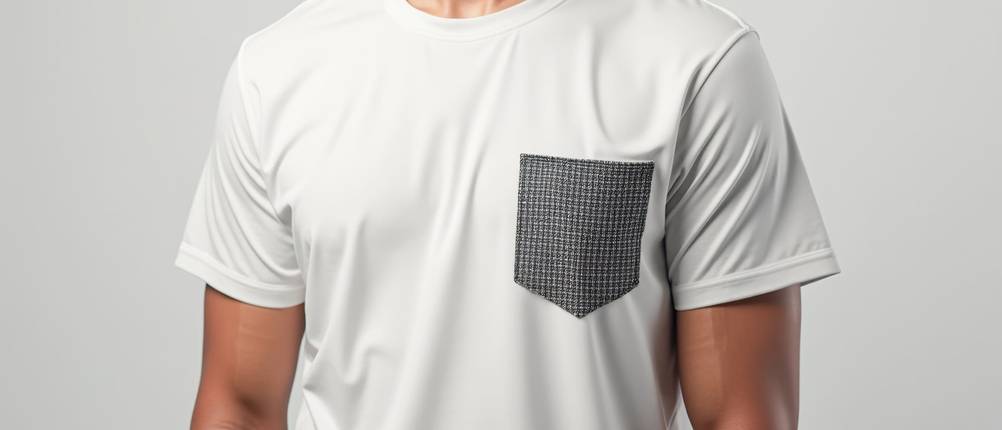 weisses-t-shirt-herren-test: Mann trägt weißes T-Shirt mit grau karierter Brusttasche