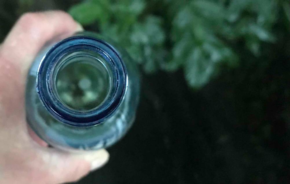 Im Test: Nahaufnahme der Flaschenöffnung eines Weißwein (lieblich) von oben von einer Hand gehalten.