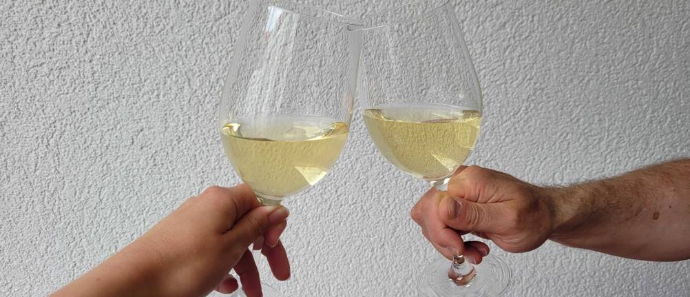 Anstoßen mit zwei Gläser weisswein