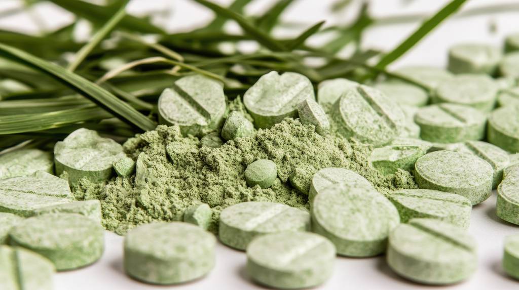 Weizengraspulver-Test: Weizengras und Weizengras-Tabletten liegen auf einer hellen Oberfläche. 