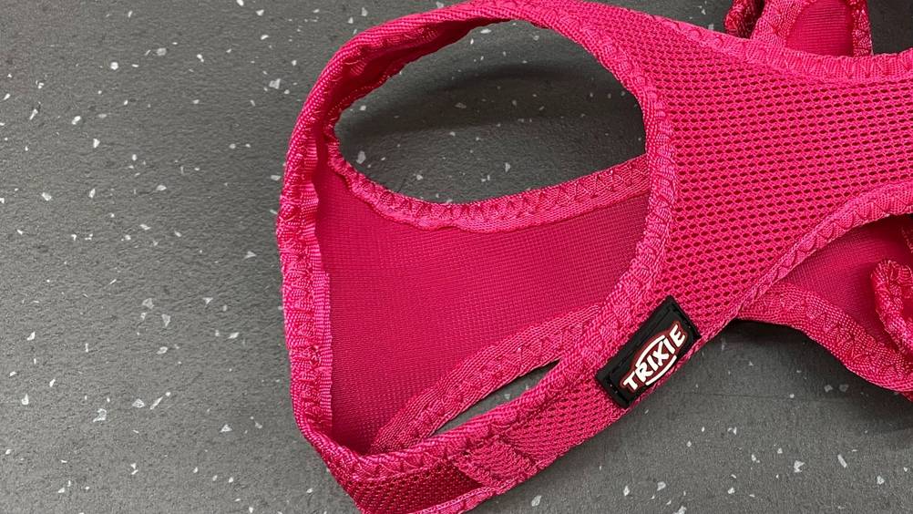 Welpengeschirr getestet: Nahaufnahme des Halsausschnittes mit Logo.