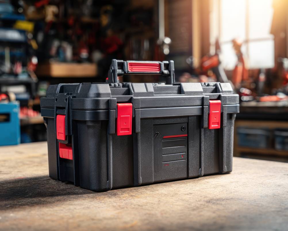 Werkzeugkoffer mit Akkuschrauber im Test: ein schwarzer, größerer Werkzeugkoffer aus Kunststoff mit roten Verschlüssen in einer Werkstatt.
