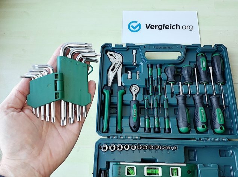 Ein getesteter Werkzeugkoffer mit den verschiedenen Innensechskantschlüsseln.